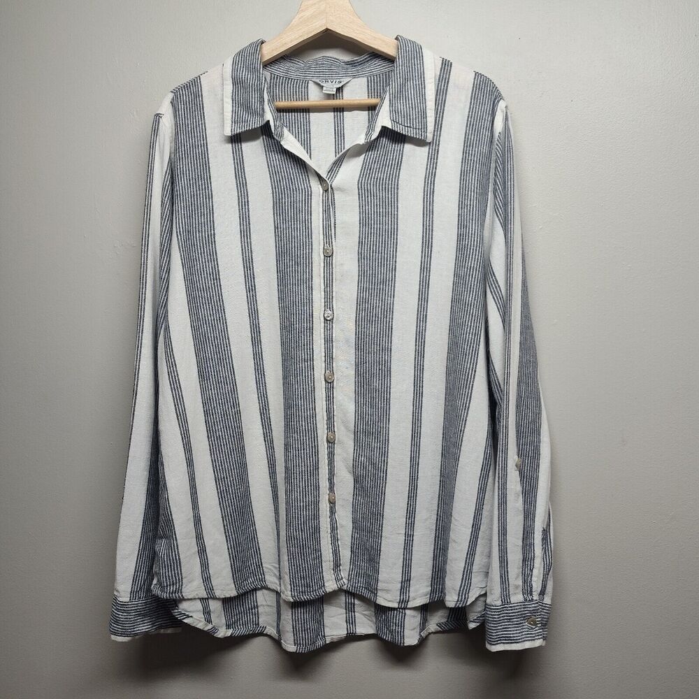 Orvis Button Down Shirt Men Size XL Cream Gray Stripes Roll Tab Sleeve Linen